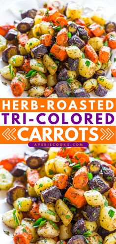 two pictures of roasted carrots and potatoes on a white plate with text overlay