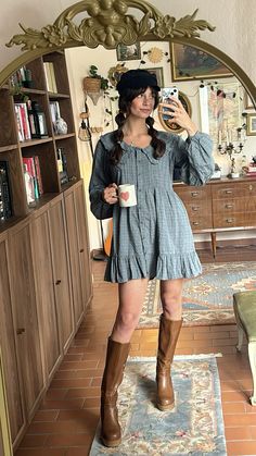 Fall outfit ideas 2024, autumn style, outfits, fall aesthetic, autumn vibes, tweed Christmas Eve Outfit Aesthetic, Button Up Tunic Outfit, Tea Time Outfit Winter, Vintage Thanksgiving Outfit, Short Dress With Boots Outfit, Yellow Combo Outfit, Brown Pointed Boots Outfit, Christmas Time Outfits, Western Outfit Dress