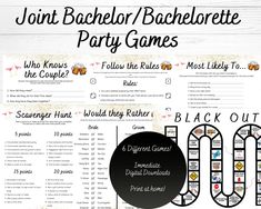 "Games specifically for a Joint Bachelor and Bachelorette party! These games will be fun for all involved. These will get you competing, drinking, dancing and more. Four Games included: 1. Who Knows the Couple? - A fun and easy game for guests and for the couple. Simply have the couple fill out their answers, and see which party goers can get the most right answers.  2. Scavenger Hunt - Who can complete the tasks and earn the most points? For each task you complete and take a picture or video of Bachelorette/bachelor Party Games, Joined Bachelor And Bachelorette Party Ideas, Bachelorette And Bachelor Party Games, Co Ed Bachelor Bachelorette Party Games, Couples Bachelor Bachelorette Party Games, Bachelor/bachelorette Party Games, Jack And Jill Bachelorette Party, Couple Bachelor Bachelorette Party Ideas, Bachelor And Bachelorette Party Combined Theme