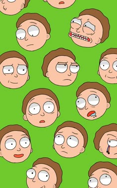 cartoon faces with different facial expressions on green background, including one man's face