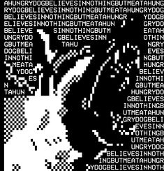 An enraged German Shepherd lunges, barking and pulling at its chain, in front of the words "A Hungry Dog Believes In Nothing But Meat" over and over again.  It's a persuasive argument. Bitmap Design, Dog Poetry, Dog Motif, Ascii Art, Moving Image, Cool Posters, The Works, Design Reference, Artist Art