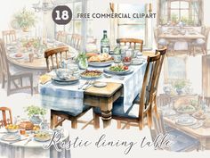 a watercolor painting of a dining table with food on it and the words, free commercial clipart