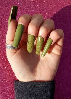 Olive green with gold foil flakes nail art xxl long luxurious Etsy Long Acrylic Nails Gold, Foil Flakes Nail Art, Xxl Acrylic Nails, Gold Foil Nails, Green Acrylic Nails, Natural Beauty Tips, Nail Sizes, Long Acrylic Nails