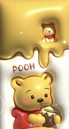 there is a cartoon bear holding a teddy bear in front of the letter pooh