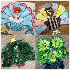 four different thanksgiving crafts for kids with turkeys, flowers and other holiday decorations on the table