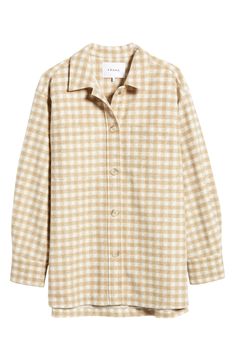 Hazy gingham checks bring a rustic, sunny feel to an oversized shirt-jacket that's ready to complete your layered looks. 31 1/2" length (size Medium) Spread collar Button cuffs Partially lined 100% polyester Dry clean Imported Spring Flannel Shirt With Button Closure For Work, Spring Workwear Flannel Shirt With Button Closure, Fall Gingham Outerwear With Pockets, Spring Button Closure Flannel Shirt For Work, Spring Collared Flannel Shirt With Pockets, Collared Flannel Shirt With Pockets For Spring, Spring Workwear Flannel Button-up Shirt, Plaid Long Sleeve Shacket For Spring, Spring Plaid Shacket With Button Closure