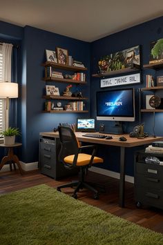 a computer desk sitting in front of a monitor on top of a wooden desk next to a window