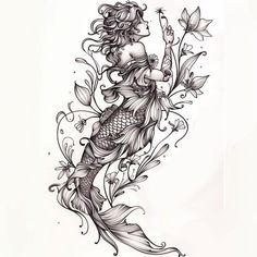 Premium Mermaid Tattoo Files Mermaid Arm Tattoo, Beach Themed Tattoos For Women, Mermaid Thigh Tattoo, Vintage Mermaid Tattoo, Mermaid Tail Tattoo, Tattoo Mermaid, Mermaid Tattoo Designs, Mermaid Tattoo, Mermaid Tattoos