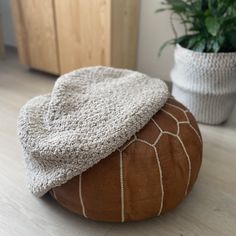 a brown and white poufce sitting on top of a wooden floor next to a potted plant