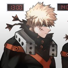 two anime characters standing next to each other in front of a digital clock displaying the time