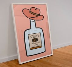 a painting of a bottle with a straw hat on it's head and the words tio's