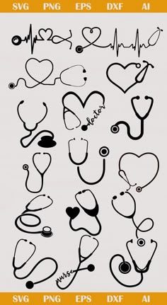 various medical stethoscopes with hearts and arrows