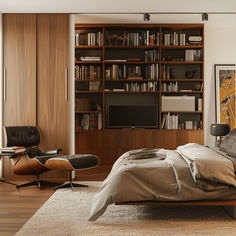 a bedroom with a bed, chair and bookcases in front of the window