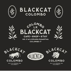 the logos for black cat colombia, la boaca cafe and coffee shop are shown in white on a black background