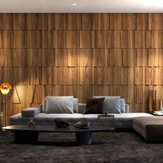 a modern living room with wood panels on the wall