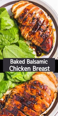 baked balsamic chicken breast on a plate with lettuce