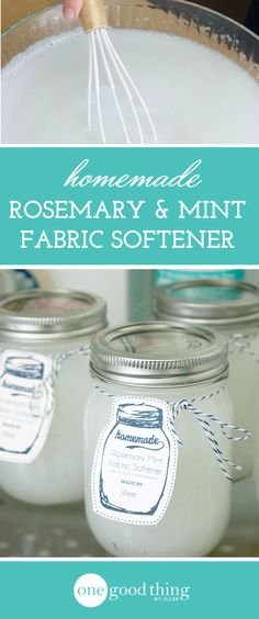 homemade rosemary and mint fabric softener in mason jars