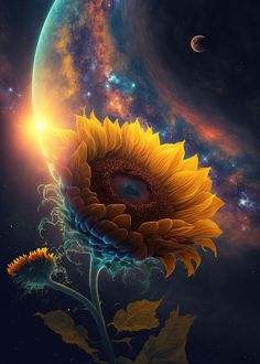 a painting of a sunflower with the moon in the background