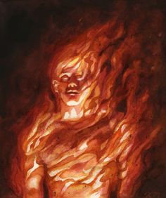 a painting of a man with fire on his body