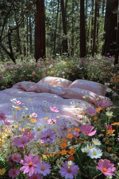 there is a pink blanket in the middle of some wildflowers and daisies