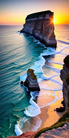 the sun is setting over the ocean with cliffs in the foreground and waves crashing on the shore