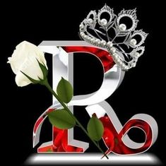 the letter r is decorated with a crown and a single rose in front of it