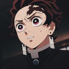 an anime character with red eyes and black hair looking at the camera while wearing earrings