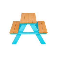 a picnic table made out of wood with blue legs and two benches on each side