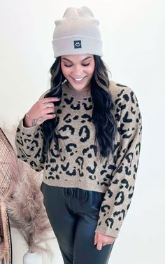 Unleash your wild side with our Leopard Cropped Sweater! Made from soft and cozy material, this sweater is perfect for those chilly days. With its trendy cropped design and fierce leopard print, you'll turn heads wherever you go. Stay warm and fashionable with our must-have sweater!BRAND: TimingDETAILS: Round Neck Ribbed Neck, Hem, Cuff Measurements- Size small- Bust: 44"  Length:  16.5 Leopard Print Sweater, Sweater Brands, Denim Flares, Colored Denim, Wide Leg Denim, Cropped Denim, Long Sleeve Cardigan, Small Bust, Cropped Sweater