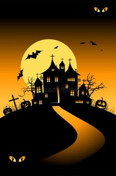 an image of a halloween scene with pumpkins and bats in the sky at night