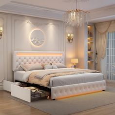 a bedroom with white furniture and chandelier above the bed is featured on instagram