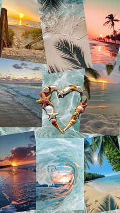 a collage of pictures with palm trees and water