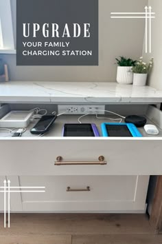 a white desk with charging station underneath it and text overlay reading upgrade your family charging station