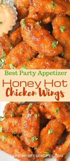 honey hot wings on a plate with dipping sauce