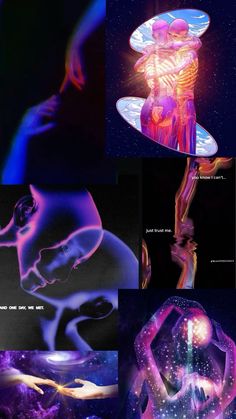 multiple images of different shapes and colors in the night sky, with one woman's face visible