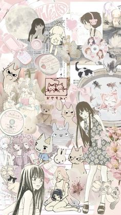 a collage of anime characters with pink and white graphics on the bottom right corner