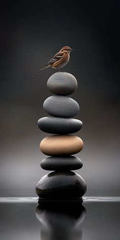 a small bird sitting on top of some rocks in front of a black background with water