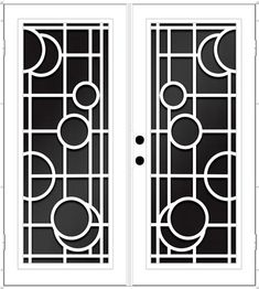 an image of a white door with black and white designs on the glass window panels