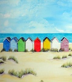 a painting of beach huts in the sand