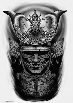 a black and white drawing of a samurai mask