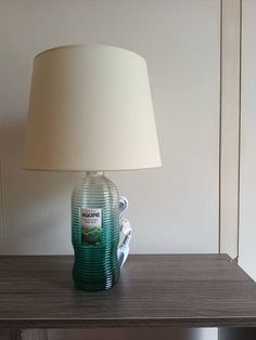 a lamp sitting on top of a wooden table