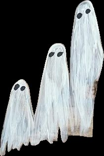 three white ghost figures standing in front of each other with black eyes and long legs