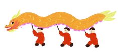 three men carrying a large yellow dragon over their heads