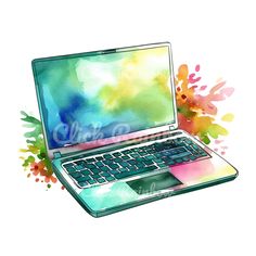 an open laptop computer sitting on top of a white surface with colorful paint splatters around it