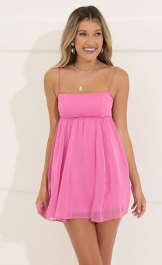 Juno Chiffon Baby Doll Dress in Pink | LUCY IN THE SKY Baby Doll Hoco Dress, Homecoming Dresses Flowy, Pink Outfits Summer, Evening Gowns Pink, Pink Baby Doll Dress, Recruitment Dresses, Homecoming Inspo, Chiffon Babydoll Dress, Mitzvah Dresses