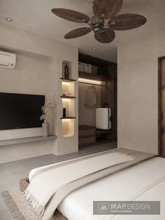 a bedroom with a ceiling fan in the middle and a television on the other side