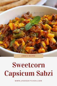 sweetcorn capsicum sabizi in a white bowl with crackers on the side