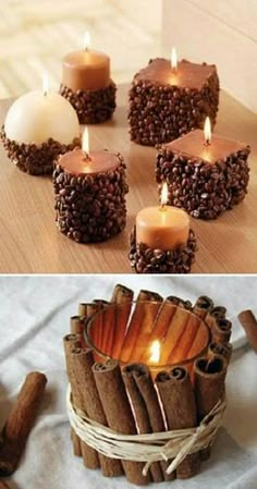 some cinnamons and candles are sitting on the table next to each other, one is made out of brown paper