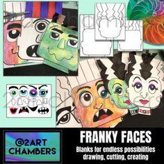 the front cover of an art class project featuring paper masks and text that reads franky faces