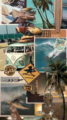 collage of various pictures with surfboards, cars and palm trees in the background